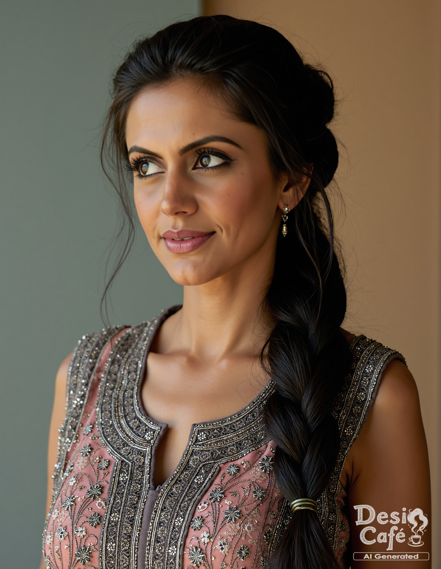 from front photo of m4nd1r4 b3d1 woman, hyper realistic photo that is safe for work, expression of wonderment with wide eyes, studio quality image with natural colors, well dressed wearing intricate sleeveless Charcoal Phulkari Suit, hair styled as  french plait,muted pastel shaded multicolored background that contrasts with the person, cinematic lighting,âââââ   <lora:m4nd1r4_b3d1_Mandira_Bedi_Flux_Kohya_V1:0.9>âââ