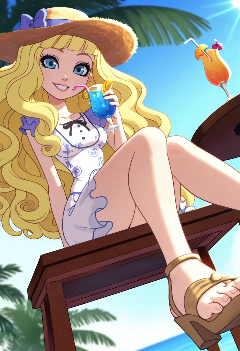 masterpiece, best quality, solo, curvy, beautiful eyes,  narrow waist, wide hips, smile, looking at viewer, zzBlondie, blue eyes, blonde hair, curly hair, long hair, wavy hair,  ,     <lora:BlondieLockesEAH_IXL:0.8>,  dynamic angle, foreshortening, close up, [Tropical Summer Escape], White sundress, wide-brimmed sun hat, open-toe sandals, windswept hair, Sitting at an outdoor café table under palm trees, sipping from a vivid tropical drink with two straws as ocean breeze tousles the dress in golden sunlight.