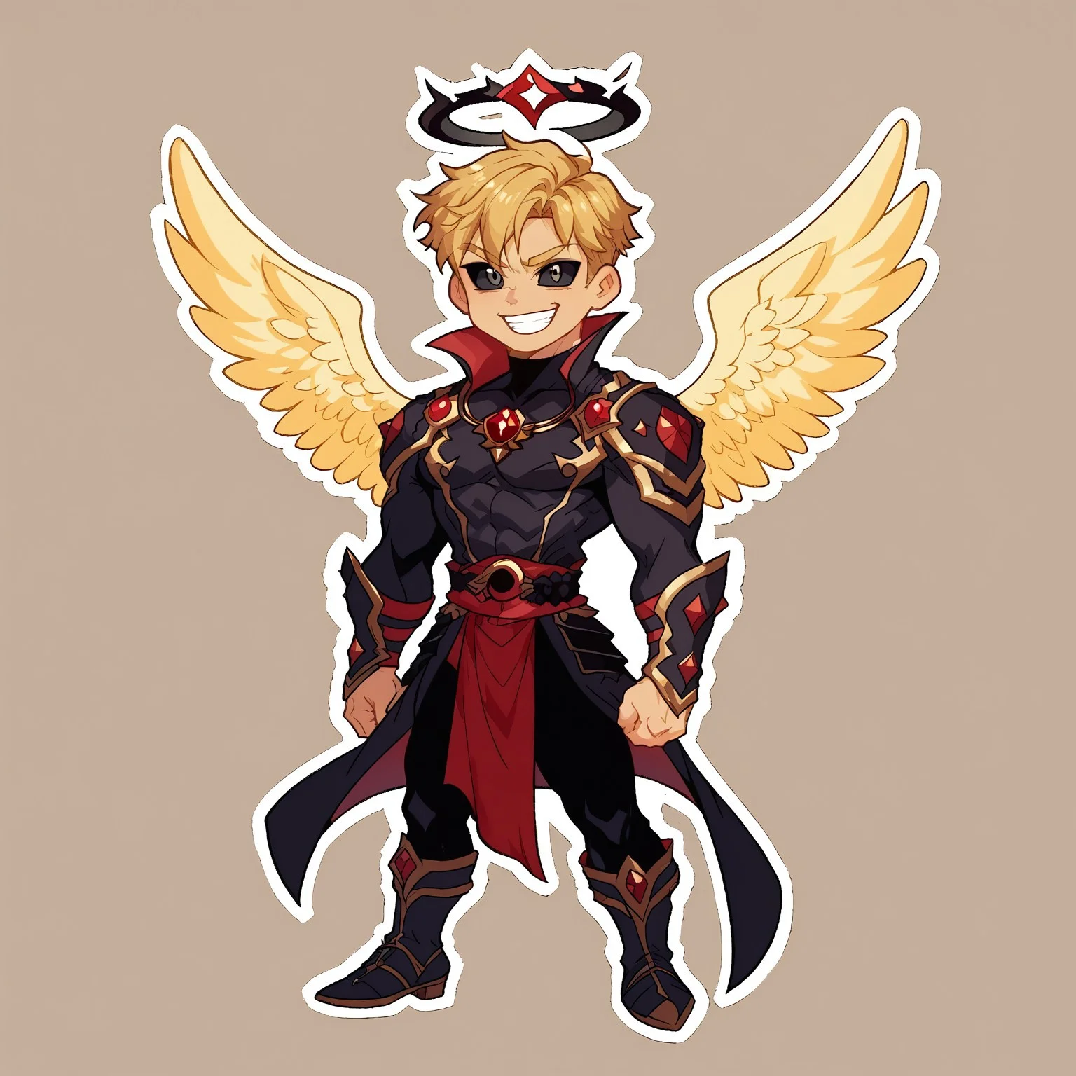 8k, score_9, score_8_up, score_7_up, Chibi, Chibi Body, Chibi Art Style, full body portrait, masterpiece, outline, transparent background, 1boy, muscular twink, broad shoulders, slim waist, lean, big biceps, young, handsome, cute face,
(blonde curtain bangs hair), black eyes, black sclera, black halo, (black angel wings),
intricate white robe, high collar, black trim, puffed sleeves, black armor, ornate thighhigh boots, ruby amulet, bracers, black pants, intricate sash,
evil grin,
holding fiery sword,
Stickers, Sticker, dynamic pose
