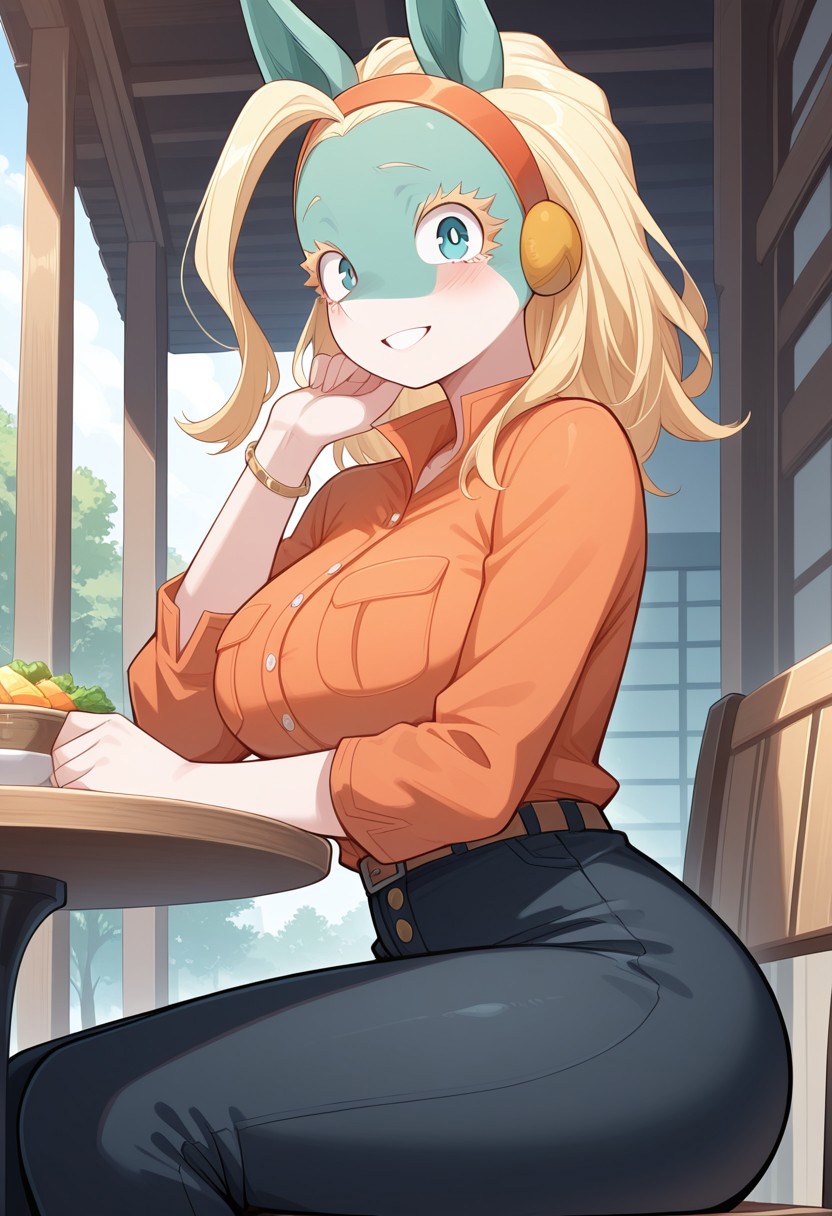 masterpiece, best quality, amazing quality, very aesthetic, absurdres, newest,  high quality, detailed, solo female, IppanJosei, 1girl, mature female, female, anthro, fox girl, animal ears, blue eyes, greenish blue skin, light underbelly, blonde hair, hairband, jewelry, orange shirt, black pants, sitting, outdoor restaurant, sitting at table, looking at viewer, smiling, volumetric lighting, outdoors, sunny, park