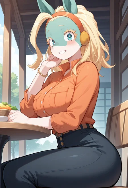 masterpiece, best quality, amazing quality, very aesthetic, absurdres, newest, high quality, detailed, solo female, IppanJosei, 1girl, mature female, female, anthro, fox girl, animal ears, blue eyes, greenish blue skin, light underbelly, blonde hair, hairband, jewelry, orange shirt, black pants, sitting, outdoor restaurant, sitting at table, looking at viewer, smiling, volumetric lighting, outdoors, sunny, park