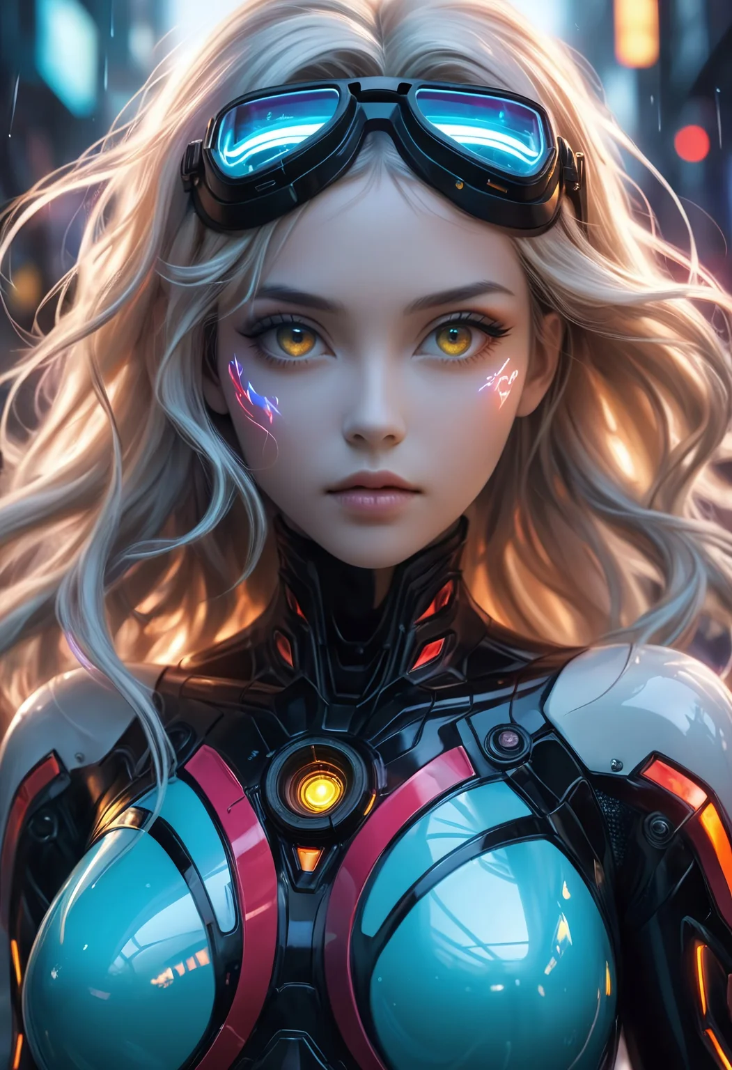 safe_pos, Realistic photography, High resolution CG unity wallpaper 8k, tA breathtaking Japanese female cyberpunk time traveler materializes from the abyss, her form emerging like a phantom of the neon-drenched future. Long platinum hair, streaked with fiery red and golden blonde, cascades over her shoulders, framing a face both seductive and enigmatic. Her piercing gaze locks onto the viewer through sleek neon goggles, the soft glow reflecting against her flawless skin. Clad in a skin-tight, translucent bodysuit that shimmers with the hues of an alternate dimension, she raises a sleek photon laser gun with deadly precision. The world around her fractures—glass shards of magenta and cyan neon swirl in a dreamlike dance, suspended in a soft bokeh haze, amplifying the cool tones of her futuristic design. One side of her face is kissed by light, casting deep, dramatic shadows that enhance her sultry, otherworldly allure. The void trembles in her presence—a specter of time, desire, and power