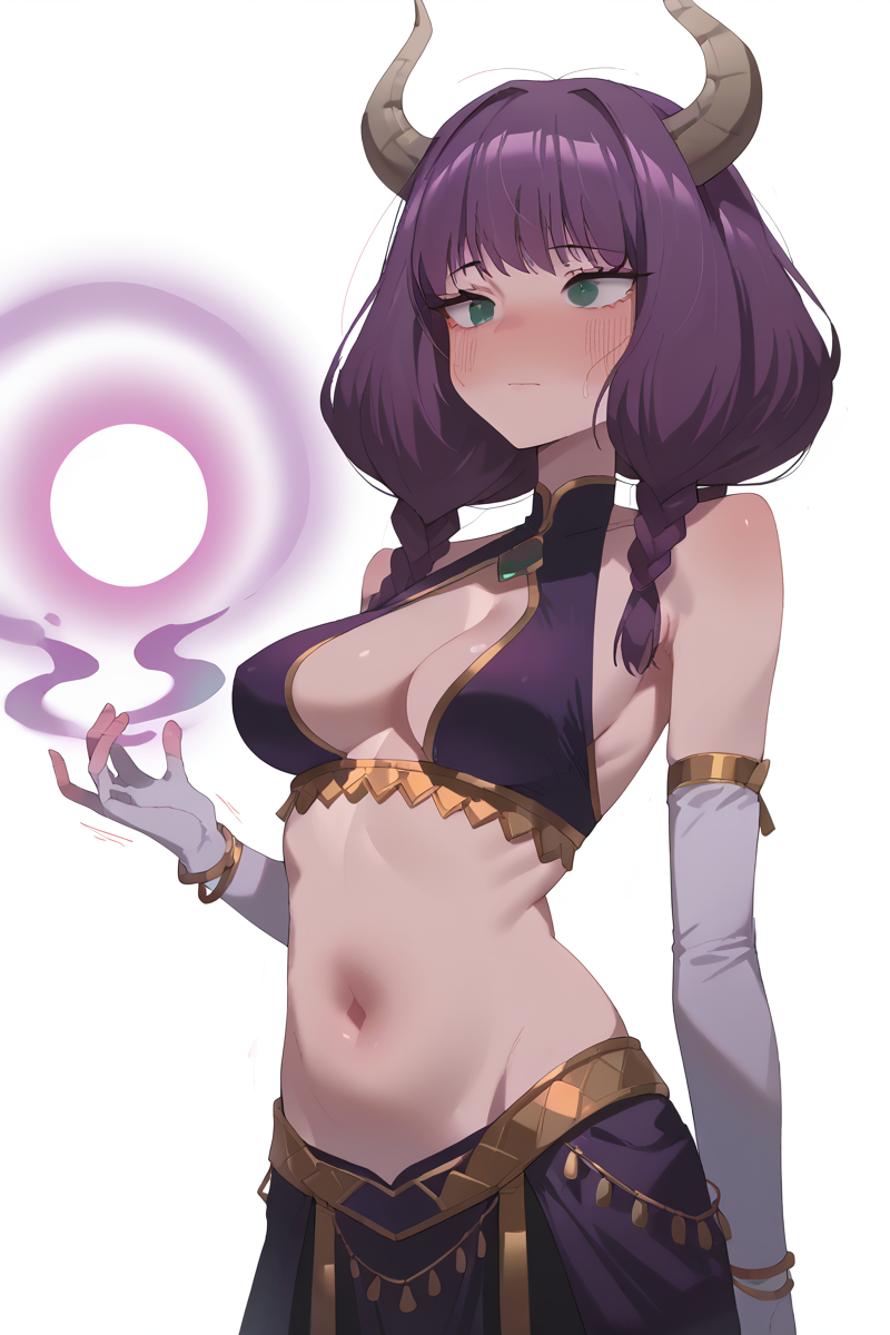 score_9, score_8_up, score_7_up, source_anime,
<lora:JJJJ_pony:1> jjjj, 1girl, breasts, horns, solo, purple hair, navel, cleavage, blush, white background, navel cutout, gloves, braid, simple background, elbow gloves, aura, harem