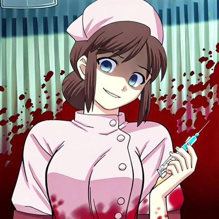 masterpiece, best quality, hospital room, blood splatters, blood smears, holding, holding needle, injection needle, looking at viewer, head tilt, shaded eyes, horror theme, looking down at viewer, looming over viewer, <lora:Tsukihime NXL:1>1girl,shirakawa_miho,blue eyes,brown hair,single hair bun,large breasts,nurse, blood smeared walls, blood smeared background, blood splattered background, bloody uniform, nurse_cap ,scary smile, glassy eyed smile, cheerful smile, bubbly pose, <lora:shirakawa_miho-illus:0.9>,solo