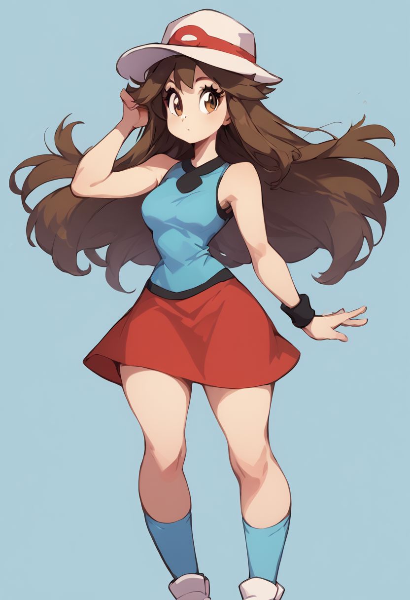 score_9, score_8_up, score_8, medium breasts, (curvy), cute, eyelashes,        zzleaf, brown eyes,  brown hair, long hair,  hat, long hair, blue shirt, sleeveless, wristband, red skirt, blue socks, white footwear, zPDXL,