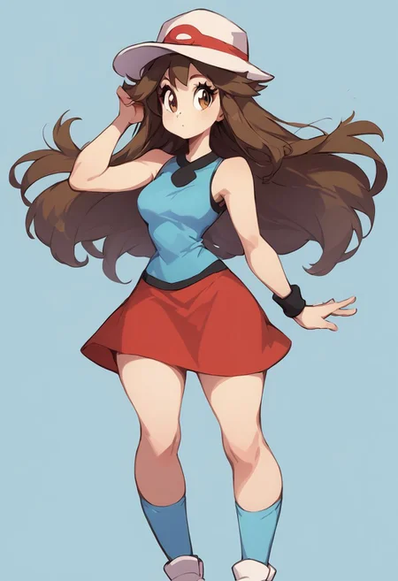 score_9, score_8_up, score_8, medium breasts, (curvy), cute, eyelashes,        zzleaf, brown eyes,  brown hair, long hair,  hat, long hair, blue shirt, sleeveless, wristband, red skirt, blue socks, white footwear, zPDXL,
