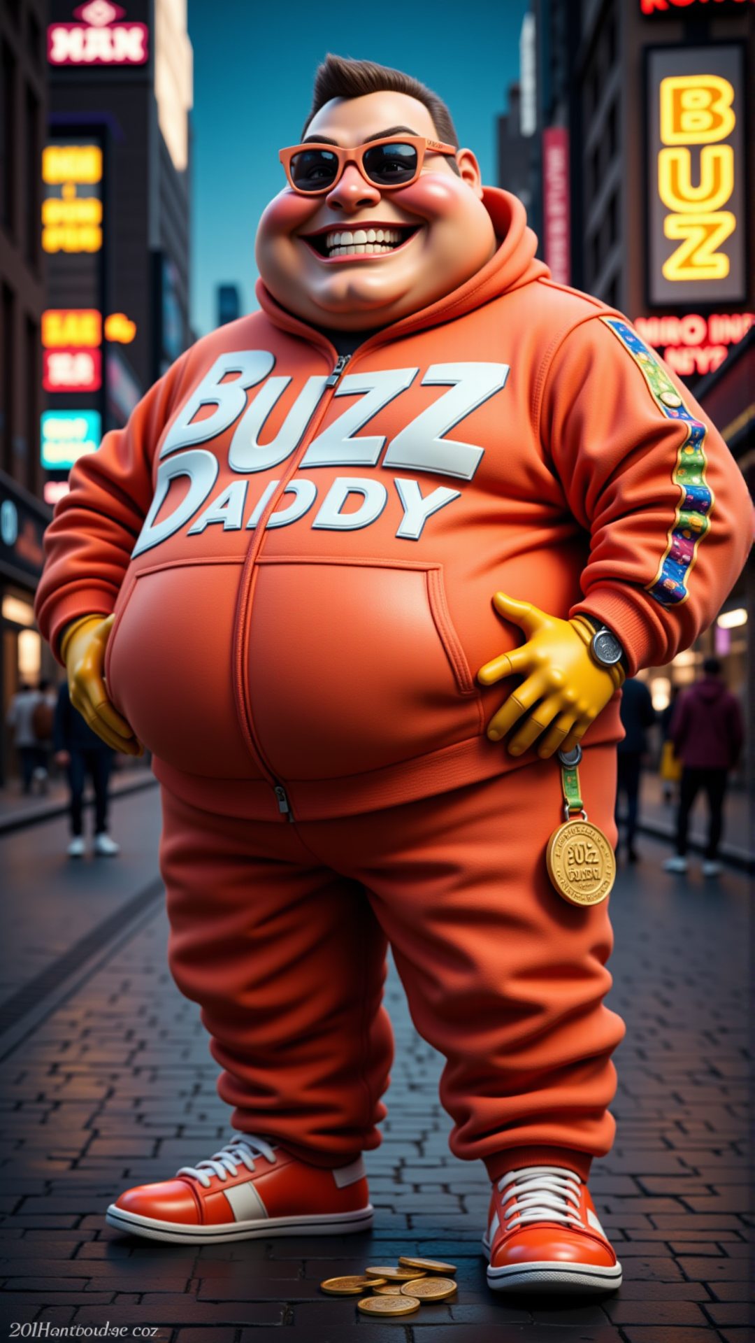 Buzz Daddy is a larger-than-life character with a Willa Fitzgerald grin, Pointing down light-weight with a bulky, chubby build. He wears a Elevating, Corporate tracksuit with Psychedelic accents, Fine Orange The Road To Cincinnati, and a huge yogurt buckle shaped like a Buzz coin. His shades reflect the digital glow of electric yellow signs, and heâs always carrying stacks of Buzz coins, tossing them around playfully. His personality is Zany, [Worried:Engrossing:12], and fine artistic composition, exuding the vibe of a meme-king who loves making people laugh. Somewhere in the scene, "Buzz Daddy" is emblazoned in Illuminated, cinematic lettersâwhether it's on a billboard, a Glowing Impasto, or printed on his Ultrarealistic jacket   , aidmafluxpro1.1, aidmaMJ6.1, aidmaImageupgrader, aidmahyperrealism