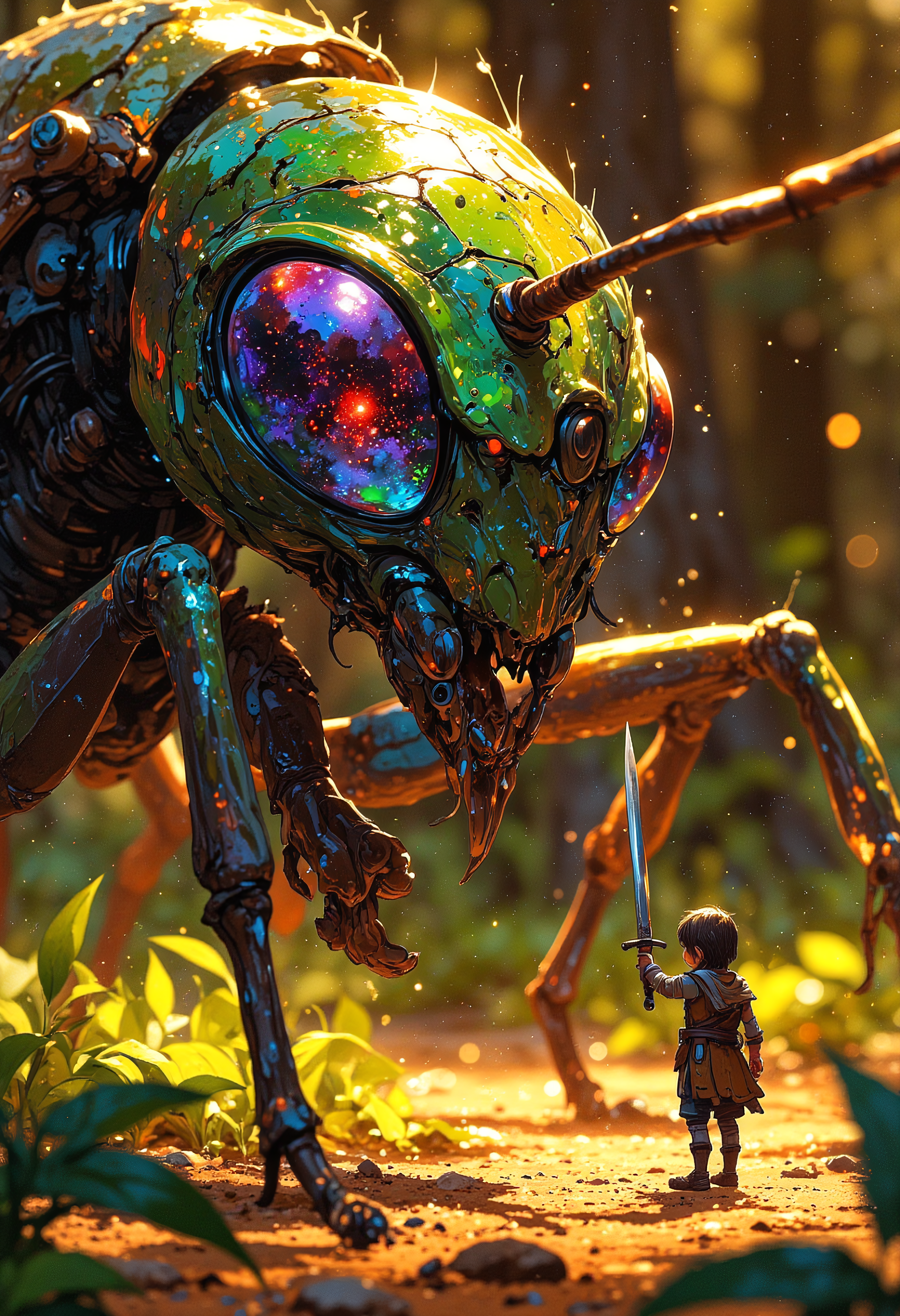 A dramatic macro close-up of a miniature warrior holding a large sword reaching out a hand to touch the giant head of an exotic alien-like ant, its mandibles shaped like translucent crystal shards, refracting rainbow colors under the light. The antâs compound eyes shimmer in an iridescent blend of violet and emerald, creating a hypnotic effect. The background is a blurred, golden-hued forest floor, with floating dust particles glowing softly in the light, resembling a fantasy realm hidden beneath the leaves.