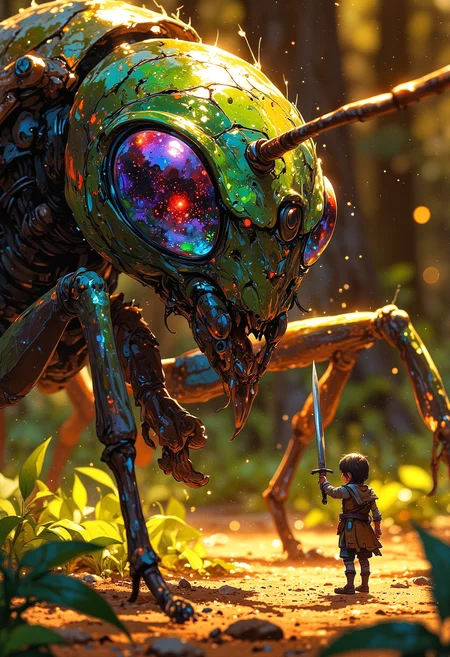 A dramatic macro close-up of a miniature warrior holding a large sword reaching out a hand to touch the giant head of an exotic alien-like ant, its mandibles shaped like translucent crystal shards, refracting rainbow colors under the light. The antâs compound eyes shimmer in an iridescent blend of violet and emerald, creating a hypnotic effect. The background is a blurred, golden-hued forest floor, with floating dust particles glowing softly in the light, resembling a fantasy realm hidden beneath the leaves.