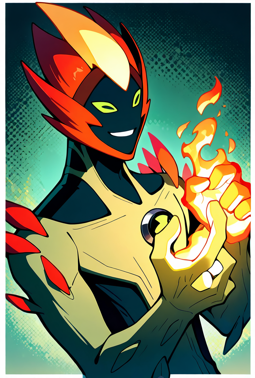 <lora:swampfire-10:1> swampfire, colored skin, spikes, colored sclera, 1boy, green skin, green eyes, pokemon (creature), shoulder spikes, no humans, smile, fire hands,  green background, smiling,, ((upper body, halftone effect, white borders, abstract background:1.2,)), masterpiece, best quality, amazing quality, very aesthetic, absurdres, newest,