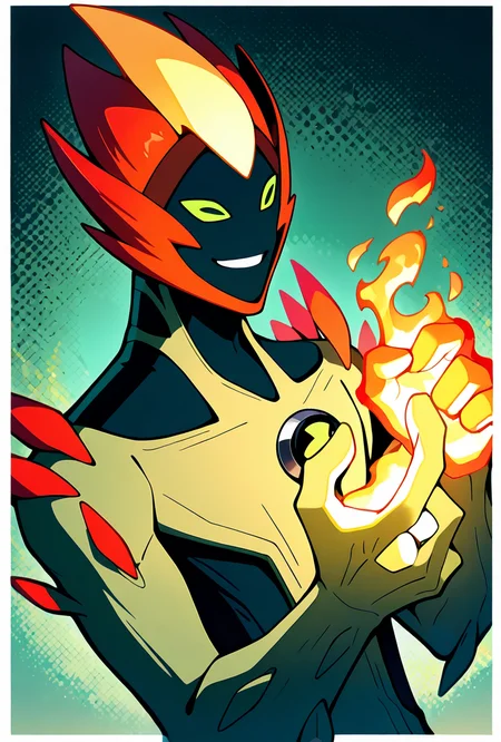 <lora:swampfire-10:1> swampfire, colored skin, spikes, colored sclera, 1boy, green skin, green eyes, pokemon (creature), shoulder spikes, no humans, smile, fire hands, green background, smiling,, ((upper body, halftone effect, white borders, abstract background:1.2,)), masterpiece, best quality, amazing quality, very aesthetic, absurdres, newest,