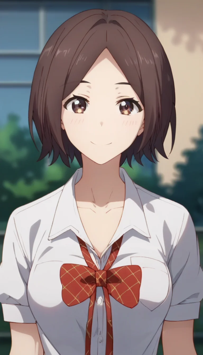 score_9,score_8_up,score_7_up,score_6_up BREAK official art,solo,outdoors,upper body,(portrait:1.5),looking at viewer,facing viewer,smile,blush,Asana Yuuna,brown hair,short hair,parted bangs,forehead,brown eyes,collarbone,school uniform,red bowtie,plaid bowtie,white shirt,collared shirt,short sleeves,medium breasts,skindentation,shirt tucked in,blue skirt,pleated skirt,black socks,loafers,brown footwear,<lora:Asana Yuuna(dhh)-Pony:1.5>,