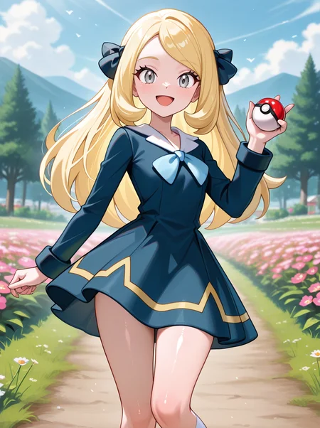 masterpiece, best quality, amazing quality, very aesthetic, absurdres, newest,shiny skin anime screenshot <lora:CynthiaJourneys:1>cynjourney, 1girl, blonde hair, long hair, ribbon, grey eyes, dress, smile, hair ribbon, eyelashes looking at viewer, white socks, flowers, holding poke ball, open mouth,