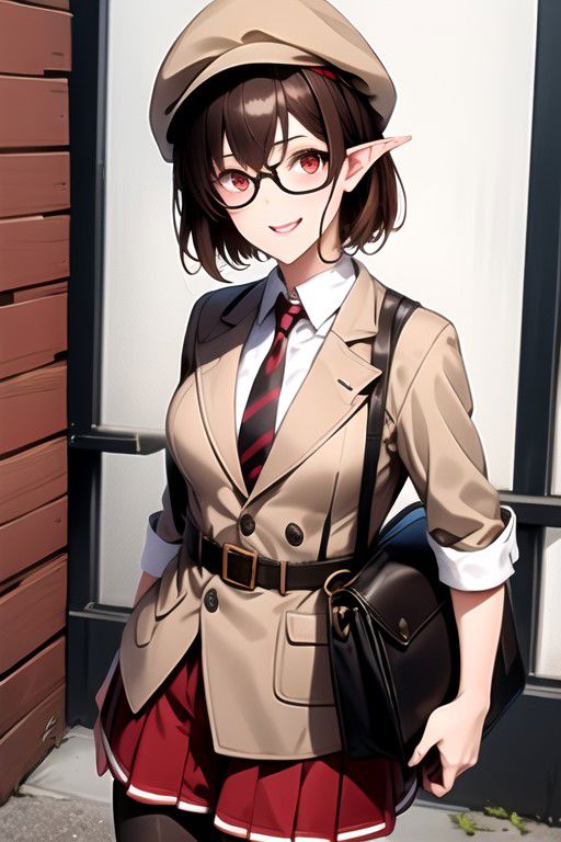 shameimaru_aya,shameimaru_aya_\(newsboy\),1girl,adapted_costume,alternate_costume,arm_behind_back,arm_support,arm_up,bag,belt,bespectacled,black-framed_eyewear,black_headwear,black_necktie,black_pantyhose,blazer,bracelet,brown_belt,brown_hair,brown_jacket,brown_shorts,buttons,cabbie_hat,camera,closed_mouth,collared_shirt,color_guide,cowboy_shot,formal,glasses,hand_in_own_hair,hat,head_tilt,invisible_chair,jacket,jewelry,legs_together,long_sleeves,looking_at_viewer,necktie,open_clothes,open_jacket,outside_border,pantyhose,pantyhose_under_shorts,pointy_ears,pom_pom_\(clothes\),red_eyes,rounded_corners,shirt,shirt_tucked_in,short_hair,shorts,sitting,smile,solo,striped_clothes,striped_vest,vertical_stripes,vest,white_shirt,wing_collar,wristband,boots,brown_footwear,character_name,foot_out_of_frame
