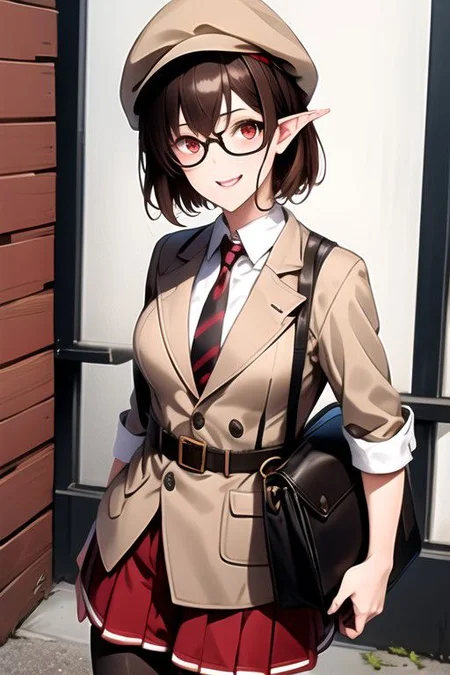 shameimaru_aya,shameimaru_aya_\(newsboy\),1girl,adapted_costume,alternate_costume,arm_behind_back,arm_support,arm_up,bag,belt,bespectacled,black-framed_eyewear,black_headwear,black_necktie,black_pantyhose,blazer,bracelet,brown_belt,brown_hair,brown_jacket,brown_shorts,buttons,cabbie_hat,camera,closed_mouth,collared_shirt,color_guide,cowboy_shot,formal,glasses,hand_in_own_hair,hat,head_tilt,invisible_chair,jacket,jewelry,legs_together,long_sleeves,looking_at_viewer,necktie,open_clothes,open_jacket,outside_border,pantyhose,pantyhose_under_shorts,pointy_ears,pom_pom_\(clothes\),red_eyes,rounded_corners,shirt,shirt_tucked_in,short_hair,shorts,sitting,smile,solo,striped_clothes,striped_vest,vertical_stripes,vest,white_shirt,wing_collar,wristband,boots,brown_footwear,character_name,foot_out_of_frame
