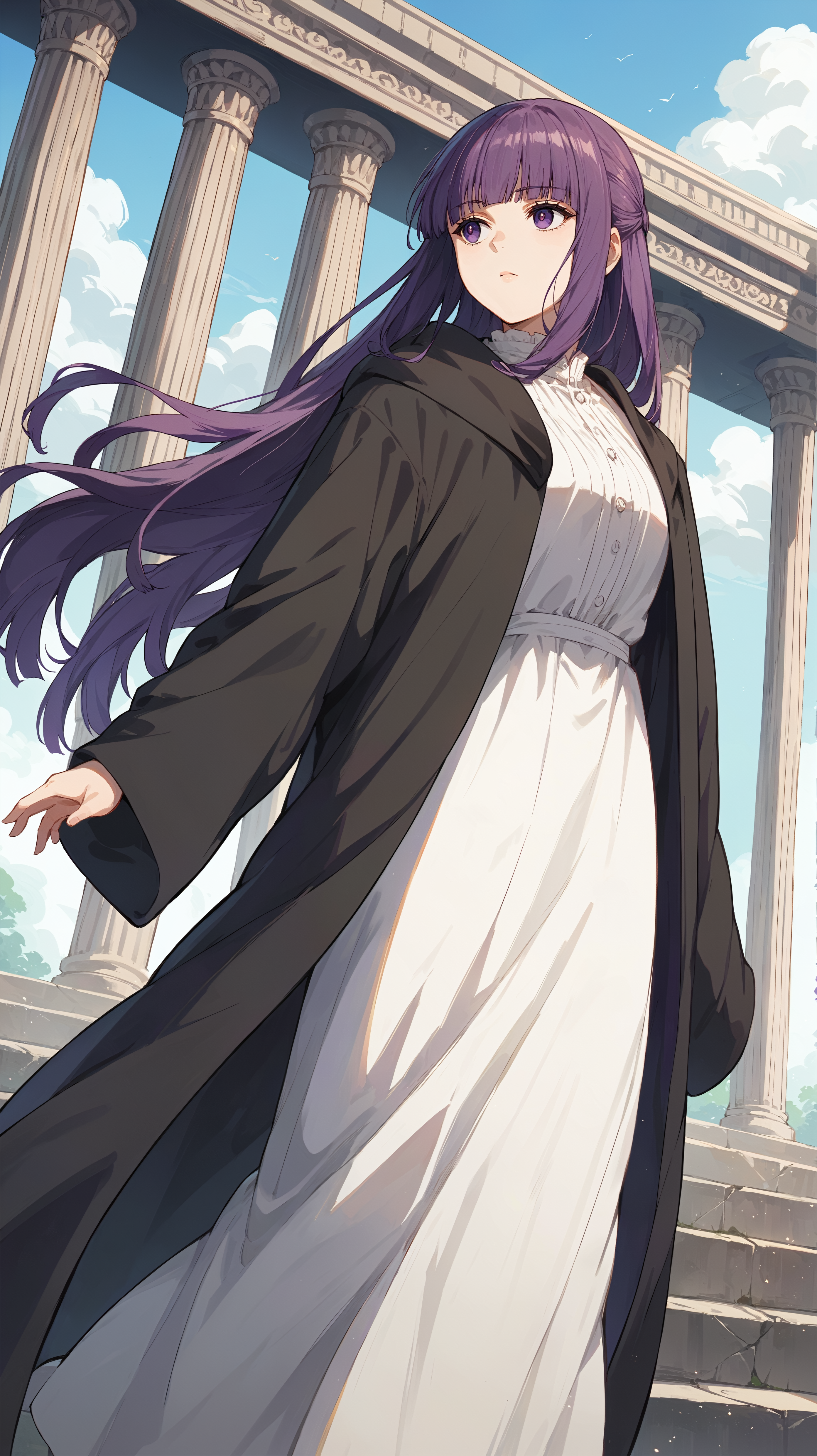 score_9,score_8_up,score_7_up,score_6_up, <lora:xl_more_art-full_v1:0.5>, source_anime, girl, dynamic pose, looking into the distance, <lora:Fern - Pony:0.8>, long hair, purple hair, blunt bangs, sidelocks, purple eyes, white dress, black robe, long robe, amphitheater, marble pillars,