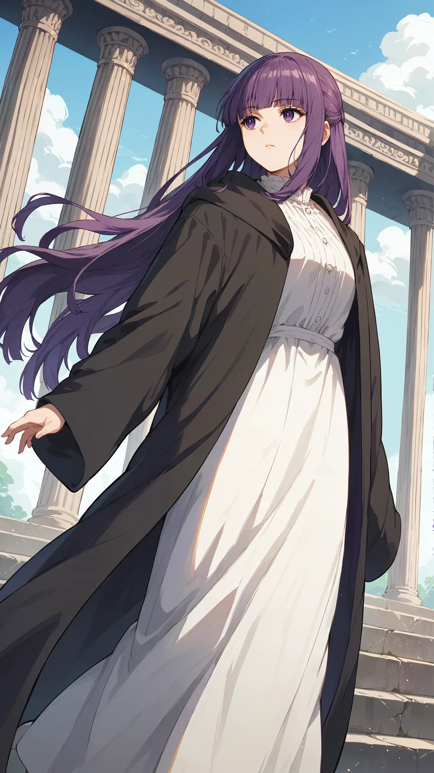 score_9,score_8_up,score_7_up,score_6_up, <lora:xl_more_art-full_v1:0.5>, source_anime, girl, dynamic pose, looking into the distance, <lora:Fern - Pony:0.8>, long hair, purple hair, blunt bangs, sidelocks, purple eyes, white dress, black robe, long robe, amphitheater, marble pillars,