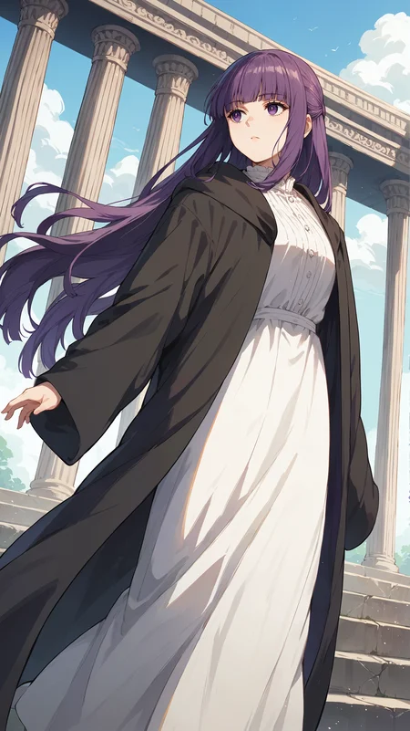 score_9,score_8_up,score_7_up,score_6_up, <lora:xl_more_art-full_v1:0.5>, source_anime, girl, dynamic pose, looking into the distance, <lora:Fern - Pony:0.8>, long hair, purple hair, blunt bangs, sidelocks, purple eyes, white dress, black robe, long robe, amphitheater, marble pillars,
