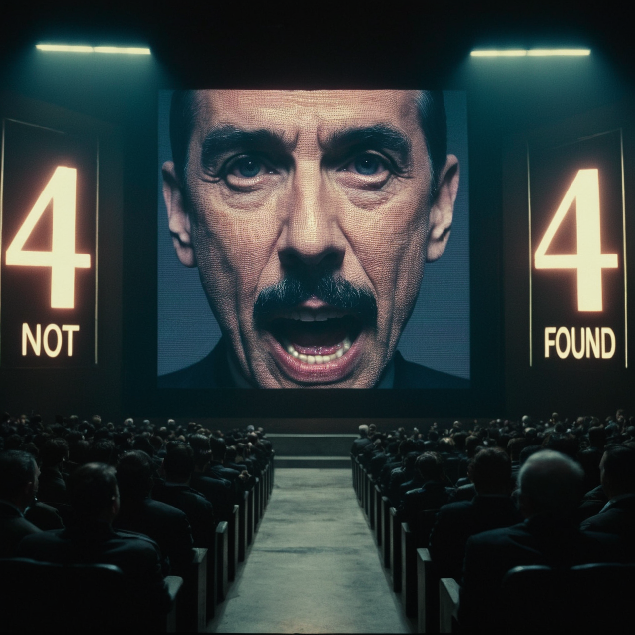 (high resolution film picture, 4k, film grains), cinematic lighting, dystopian sci-fi, in a dark hall, people standing at 2 sides, 3 screens with black frame, glitching old monitors, flickering lines, monochrome screen, blurry face, low contrast, elder soviet man, big brother's angry face in the middle screen,  ((mouth wide open showing teeth)), mustache, red number "4" on the left and right screens, text "not" at left and "found" at right, glowing texts