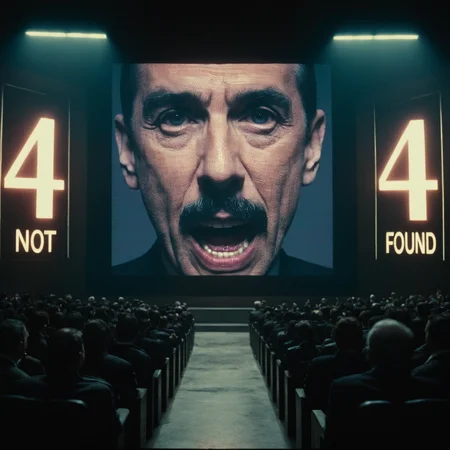 (high resolution film picture, 4k, film grains), cinematic lighting, dystopian sci-fi, in a dark hall, people standing at 2 sides, 3 screens with black frame, glitching old monitors, flickering lines, monochrome screen, blurry face, low contrast, elder soviet man, big brother's angry face in the middle screen,  ((mouth wide open showing teeth)), mustache, red number "4" on the left and right screens, text "not" at left and "found" at right, glowing texts