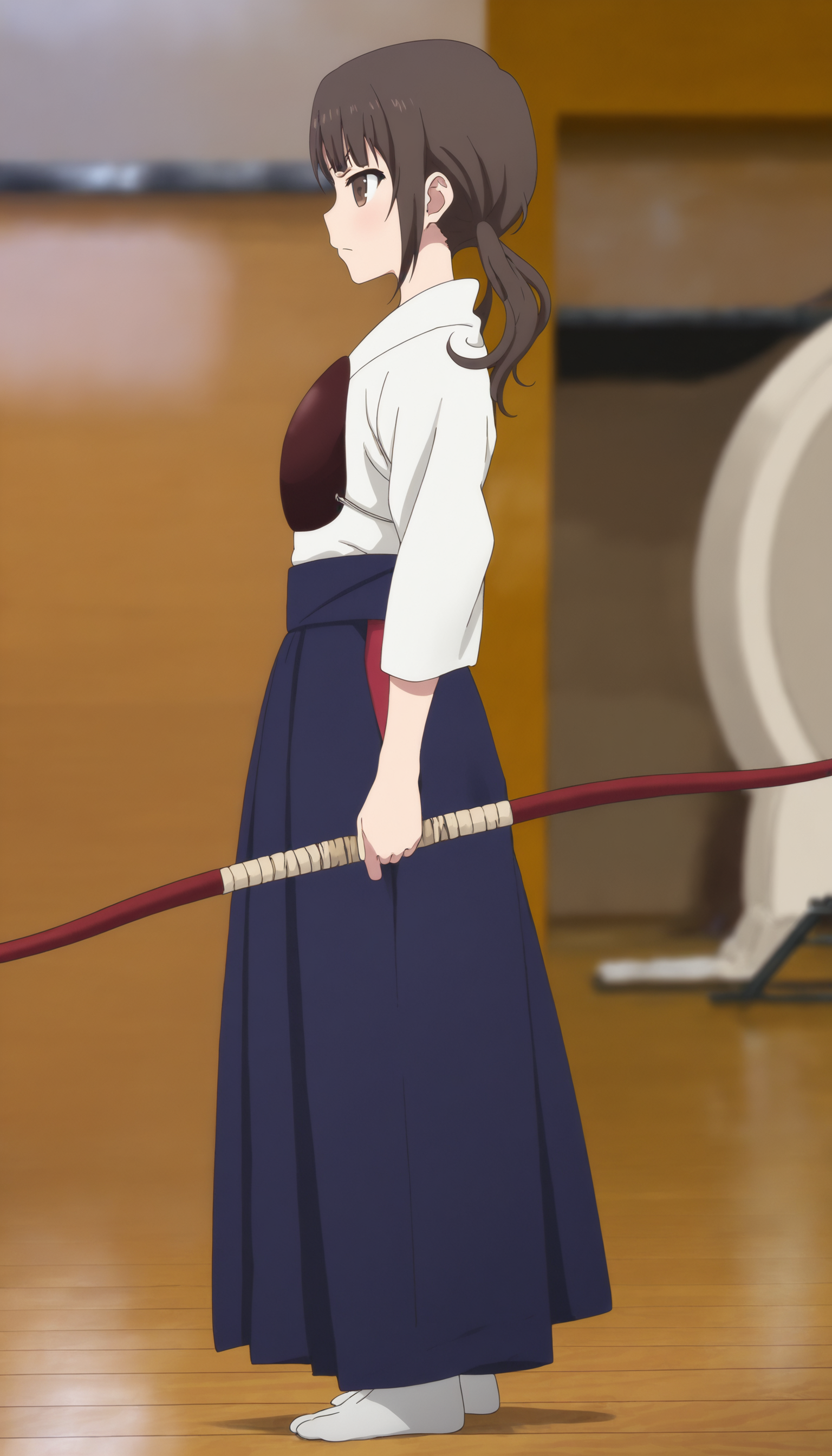 masterpiece,best quality,amazing quality,
<lora:sawaOkitaNAI:1>,sawa okita,
1girl,solo,brown hair,bangs,twintails,brown eyes,white robe,chest guard,blue hakama,white tabi,full body,serious,from side,
indoors,
wooden floor,archery range,depth of field,