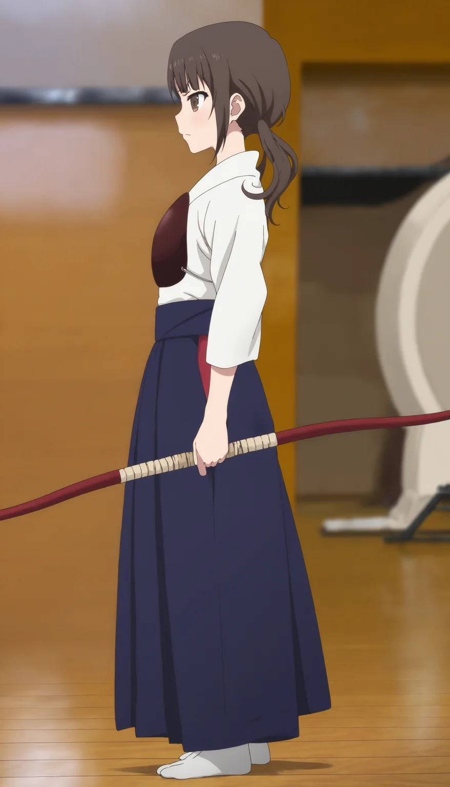 masterpiece,best quality,amazing quality,
<lora:sawaOkitaNAI:1>,sawa okita,
1girl,solo,brown hair,bangs,twintails,brown eyes,white robe,chest guard,blue hakama,white tabi,full body,serious,from side,
indoors,
wooden floor,archery range,depth of field,