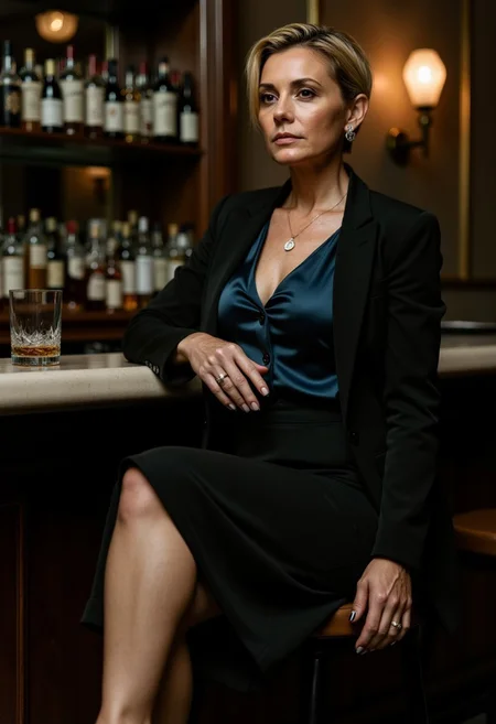 A **Voluptuous 60-year-old American woman**, radiating power and elegance, sits at a **dimly lit luxury hotel bar**, captured in a **candid, unposed moment**. Her **short blonde pixie haircut**, styled with a touch of **wet hair gel**, gives her a contemporary and bold look. She wears a **fitted midnight blue button blouse with deep cleavage**, which subtly hugs her **large breasts**, paired with a **black pencil skirt** that flows effortlessly as she crosses one leg over the other. Her **tailored black blazer** adds a layer of sophistication, while her **heels**, resting on the ground, assertively elevate her poised stance.
The woman glances **over her shoulder** with a **teasing yet commanding gaze**, her eyes locked with the camera in a moment of **silent confidence**. A **whiskey glass** rests on the bar beside her, the soft glow from the ambient lighting reflecting off the liquid. Her **elegant jewelry**, including a simple **necklace** and **earrings**, adds a subtle luxury to the scene.
The photograph is taken in the **signature candid, raw style of Helmut Newton**, capturing the **natural, unposed energy** of the scene. The **dim lighting** highlights the sharp angles of her face and the curve of her silhouette. **Deep shadows** create a moody atmosphere, while the focus on her eyes brings an undeniable intensity to the frame. The shot feels **intimate**, almost like a stolen moment in time, emphasizing her confident and mysterious allure. The background is softly blurred, giving the image a sense of **timeless fashion photography**, capturing a powerful yet understated moment of grace.