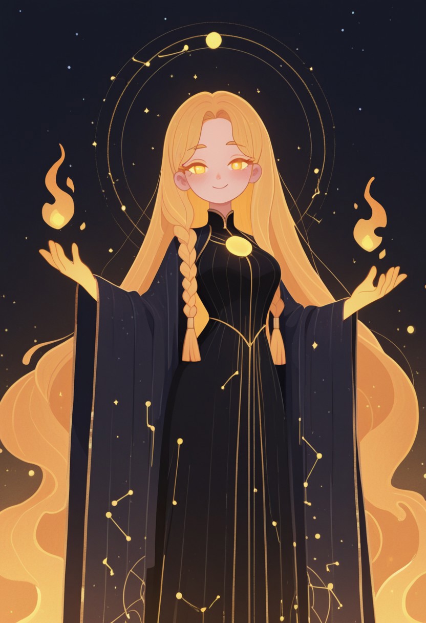 1 girl , long robe , gold print , mystic , open arms , glowing hands , mystic , long hair , glowing golden hair , golden eye , long eyelashes , golden eyelashes , extremely long hair , tied long hair , braided hair , cute , beautiful , smile , looking at viewer , aura , radiant , circle of light , parted bangs , braided bangs , medium breasts , constellation pattern , constellation circle , starry sky , black dress ,
masterpiece, best quality ,amazing quality , ICJournals , AFKstyle ,