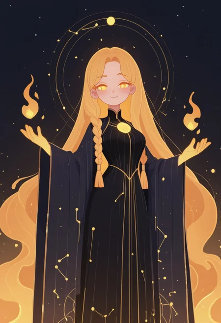 1 girl , long robe , gold print , mystic , open arms , glowing hands , mystic , long hair , glowing golden hair , golden eye , long eyelashes , golden eyelashes , extremely long hair , tied long hair , braided hair , cute , beautiful , smile , looking at viewer , aura , radiant , circle of light , parted bangs , braided bangs , medium breasts , constellation pattern , constellation circle , starry sky , black dress ,
masterpiece, best quality ,amazing quality , ICJournals , AFKstyle ,