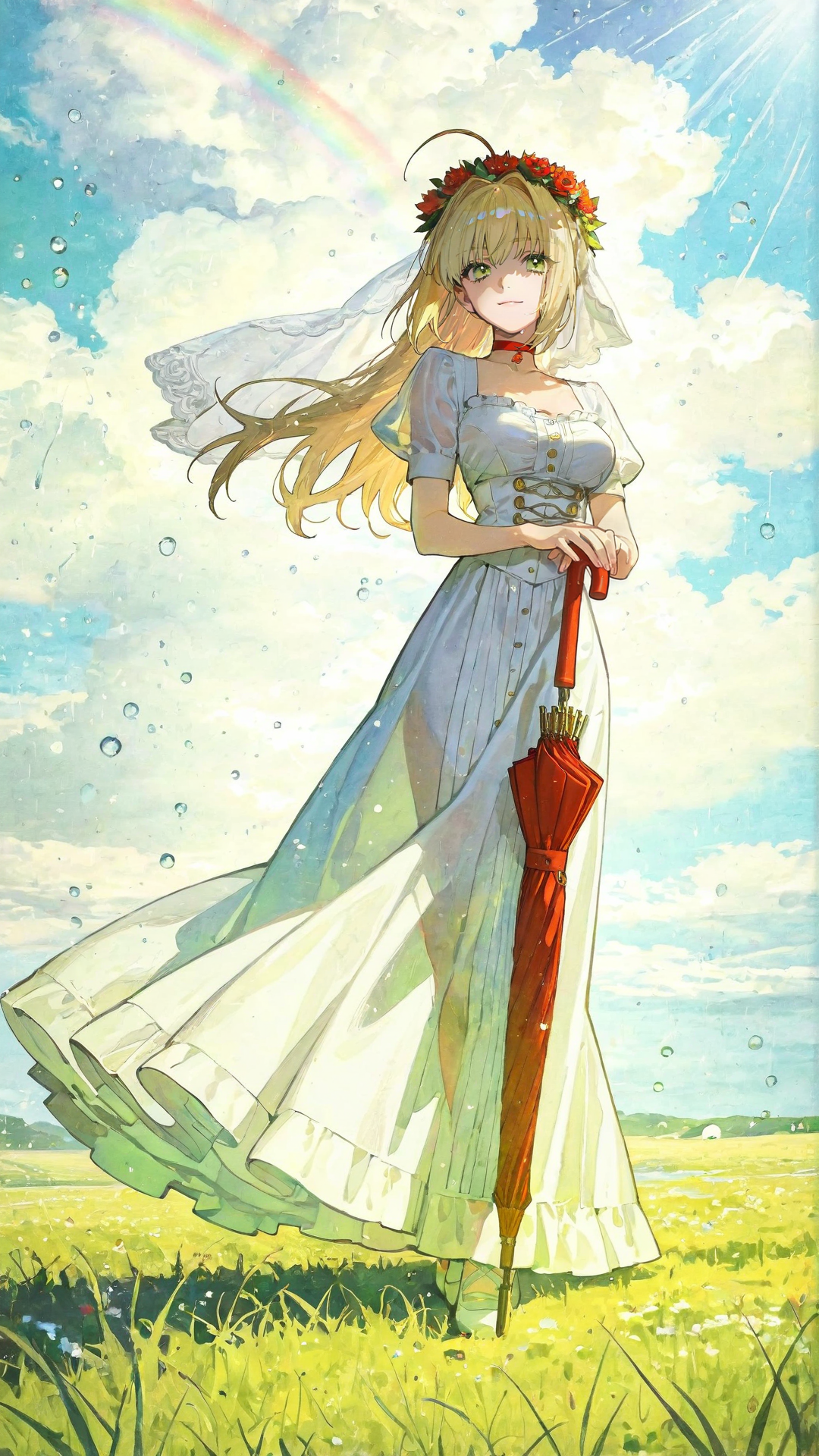 1girl,
nero claudius \(fate\),
umbrella,dress,solo,blonde hair,long hair,flower,white dress,holding,holding umbrella,rainbow,outdoors,cloud,rain,sky,choker,grass,light smile,looking at viewer,bangs,head wreath,from below,day,long dress,cloudy sky,short sleeves,red flower,frills,blue sky,frilled dress,water drop,hair flower,wind,floating veil,white veil,see-through veil,
curvy,dynamic pose,dynamic angle,
yello theme,backlighting,sunlight,
Lighting,enviroment light,available light,
impressionism,abstract art,
masterpiece,best quality,ultra detailed,very aesthetic,extremely absurdres,ultra-detailed face,bright pupils,eye reflection,perfect anatomy,perfect proportion,perfect perspect,extremely detailed skin texture,extremely detailed clothes,extremely beautiful eyes,extremely detailed eyes,extremely detailed background,perfect hands,five fingers,detailed skin texture,ultra-detailed hair,smoothy hair,
impasto,oil painting,flat color,no lineart,
( ask \(askzy\) | Mochizuki Kei |wada arco:1.3),
<lora:NOOB_vp1_detailer_by_volnovik_v1:1>,
<lora:StS-Illustrious-Detail-Slider-v1.0:1>,
<lora:Fate_samurai_Remnant_Rei_Wataru_Style:0.5>,