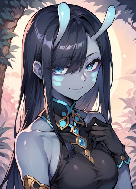 score_9, score_8_up, score_7_up, score_6_up,
moyo, antennae, facial mark, grey skin, 1girl, solo, long hair, looking at viewer, smile, bangs, blue eyes, black hair, gloves, bare shoulders, closed mouth, upper body, horns, black gloves, hair over one eye, colored skin,
<lora:moyo_race_v1-000007:0.9>,