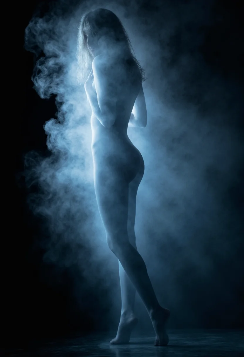 dynamic translucent shadow contours of a transparent woman made out of smoke and fog, envy