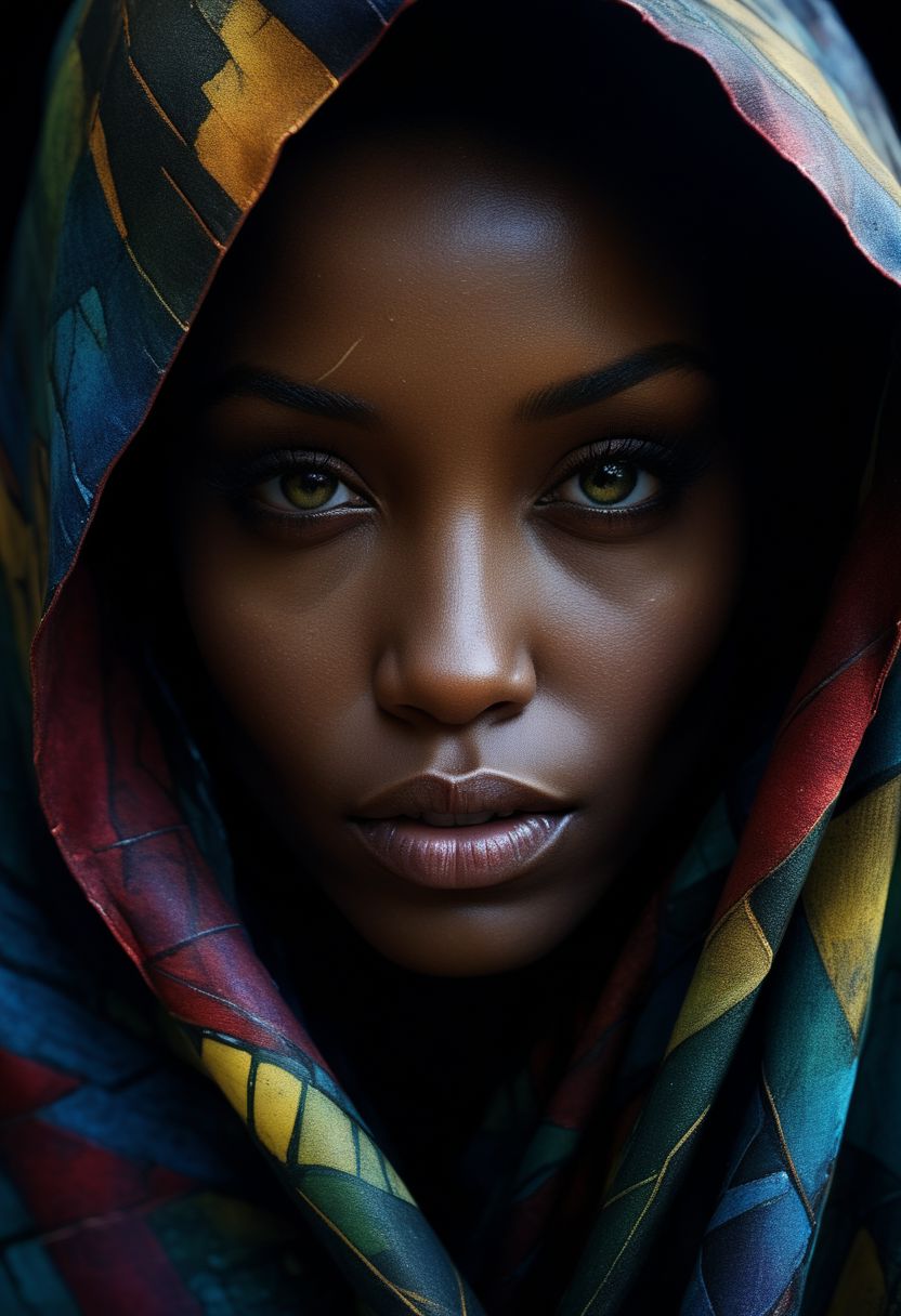 Close-up face, mysterious silhouette of an exotic coloured woman in worn down cape, goddess, alluring, by Minjae Lee, Carne Griffiths, Emily Kell, Steve McCurry, Geoffroy Thoorens, Aaron Horkey, Jordan Grimmer, Greg Rutkowski, amazing depth, double exposure, surreal, geometric patterns, intricately detailed, bokeh,  perfect balanced, deep fine borders, artistic photorealism , smooth,  great masterwork by Suiras  <lora:add-detail-xl:2>  <lora:Double_Exposure:0.5>
