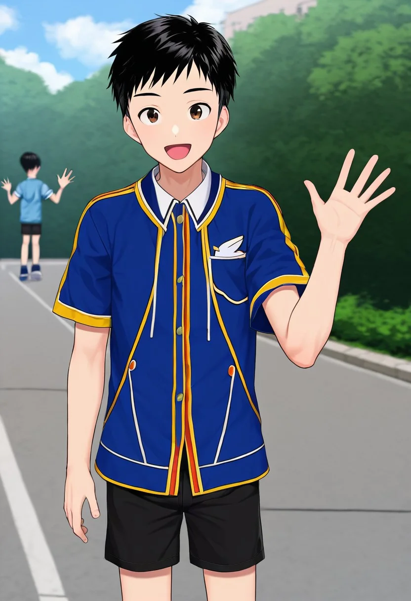 harmard, black hair, short hair, brown eyes, 1boy, solo, solo focus, wear open clothes, short sleeve, blue clothes, half clothes, wear black shorts, outdoor setting, right hand waving gesture