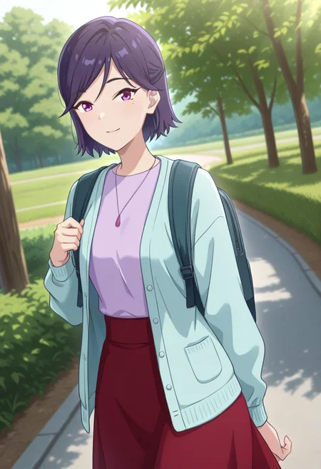 masterpiece,best quality,absurdres,perfect lighting,outdoors,pants, tree, day, nature, road,
*//*,<lora:HealerGirl_AoiTorino-Illustrious:1>,aoi_torino,1girl,solo,purple hair,short hair,purple eyes,mole under eye,shirt tucked in,purple shirt,red skirt,aqua jacket,open jacket,long sleeves, necklace,jewelry, backpack,
*//*,looking at viewer,cowboy shot,dutch angle,dynamic pose,light smile,
