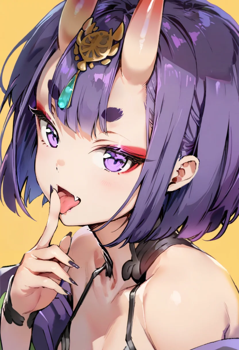 masterpiece, best quality, <lora:anmiXL_ANI31_lokr_V4239:0.95> 1girl, solo, tongue, shuten douji \(fate\), purple eyes, tongue out, bangs, looking at viewer, makeup, black nails, short hair, purple hair, fang, portrait, nail polish, bob cut, eyeliner, close-up, oni horns, yellow background, eyeshadow, eyelashes, short eyebrows, fingernails, blunt bangs, open mouth, finger to mouth, thick eyebrows