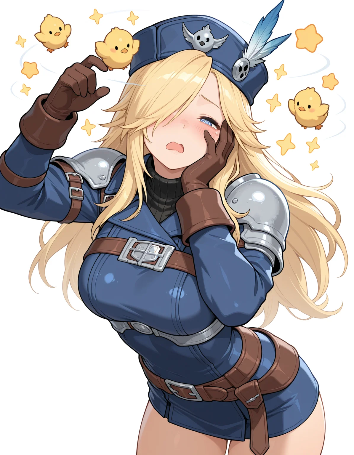 1girl, gunner \(final fantasy\), final fantasy, solo,
confused, ?,??,  blush, open mouth, hand on own face, one eye covered, half-closed eyes, wince, 
seeing stars, bird, chick, star (symbol),sparkle, 
cowboy shot, 
standing, , 
 white background, simple background, 
masterpiece,best quality,amazing quality,very aesthetic,absurdres,newest,
<lora:reduce_wrinkles_illstriouosv0.1_ADDifT_2_in_1_v1.2:0.8>, 
<lora:99coins_seeing_stars_IL_v5_10:1>,