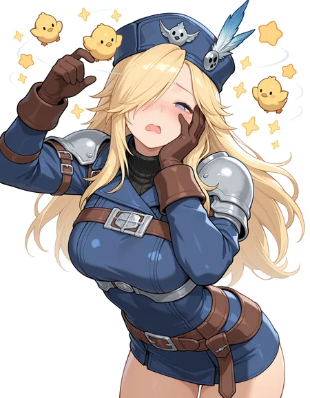 1girl, gunner \(final fantasy\), final fantasy, solo,
confused, ?,??,  blush, open mouth, hand on own face, one eye covered, half-closed eyes, wince, 
seeing stars, bird, chick, star (symbol),sparkle, 
cowboy shot, 
standing, , 
 white background, simple background, 
masterpiece,best quality,amazing quality,very aesthetic,absurdres,newest,
<lora:reduce_wrinkles_illstriouosv0.1_ADDifT_2_in_1_v1.2:0.8>, 
<lora:99coins_seeing_stars_IL_v5_10:1>,