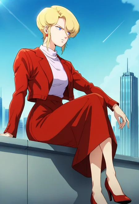 score_9, score_8_up, score_7_up, score_6_up, source_anime, <lora:HamanKarn:0.7>, HamanKarnDisguising, blonde hair, short hair, blue eyes, empty eyes, sidelocks, earrings,
turtleneck, red jacket, long skirt, red skirt, red high heels,
looking away, sitting,
BREAK, blue sky, sunlight, cityscape,