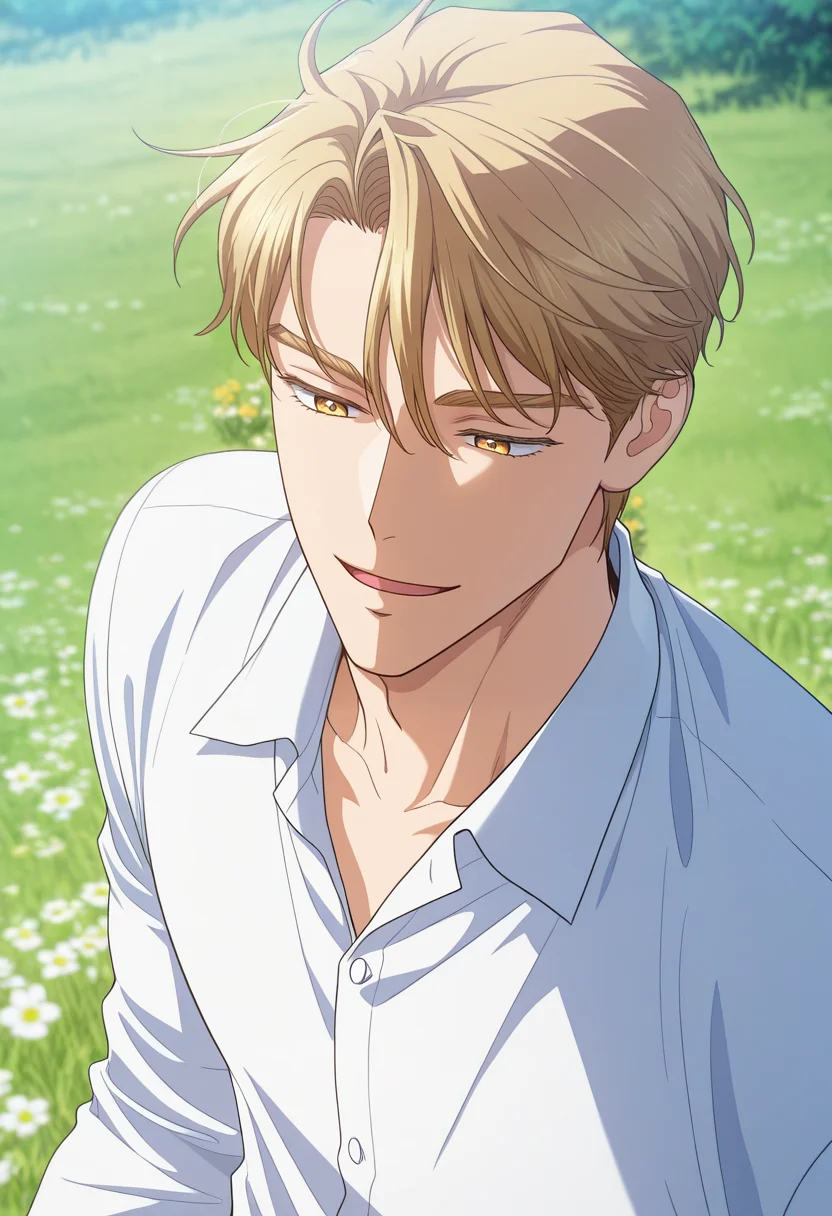 masterpiece, best quality, amazing quality,high resolution, intricate details,official style,depth of field,anime coloring,anime screencap , , , 1boy, solo, male focus,  <lora:sung_hyunjae:0.90>,sung hyunjae,golden eyes,bloden hair,short hair,smile, open mouth,shirt,long sleeves,white shirt, upper body, outdoors, parted lips, collared shirt, grass,flower,nature,day,from above