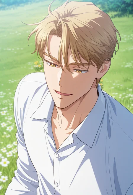 masterpiece, best quality, amazing quality,high resolution, intricate details,official style,depth of field,anime coloring,anime screencap , , , 1boy, solo, male focus,  <lora:sung_hyunjae:0.90>,sung hyunjae,golden eyes,bloden hair,short hair,smile, open mouth,shirt,long sleeves,white shirt, upper body, outdoors, parted lips, collared shirt, grass,flower,nature,day,from above