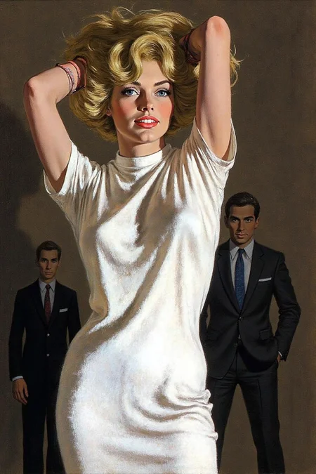 robmc1 illustration.
A woman with short, voluminous, wavy blonde hair, styled in a messy, tousled manner. She is lifting her hair with both hands, exposing her face. There is a man standing in the background in shadows. <lora:robmc1_cap_d6a3e12:1.0><lora:820294760469167161:0>