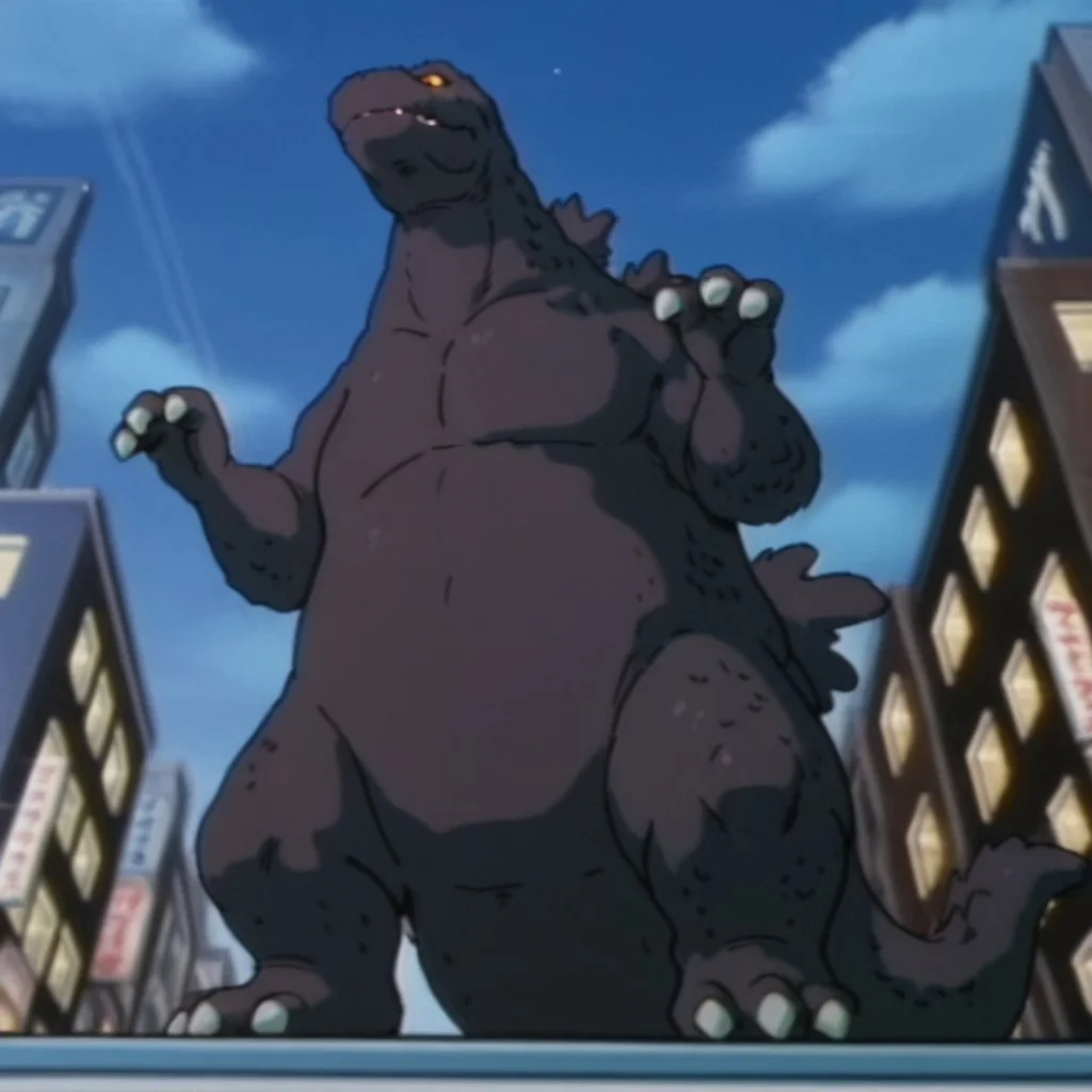 masterpiece, best quality, amazing quality, godzillaDSil, feral, male, godzilla, grey skin, grey back spines, yellow sclera, orange eyes, tail, hands up, city ,solo, full body, 3toes