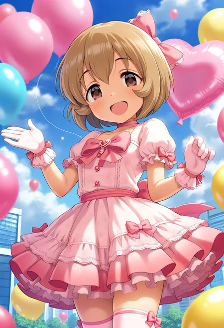 masterpiece,best quality,amazing quality, koga koharu, short hair, brown hair, brown eyes, 1girl, solo, balloon, gloves, smile, bow, open mouth, hair bow, thighhighs, dress