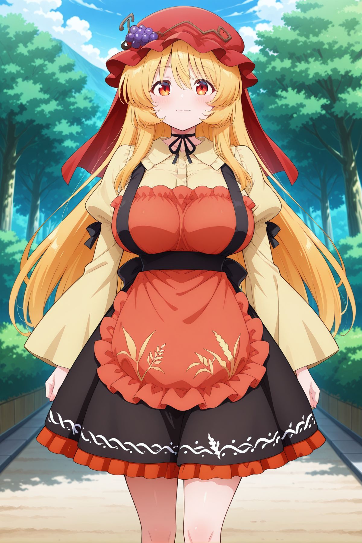 absurdres, highres, masterpiece, best quality, amazing quality, official anime artwork, screencap, anime screencap, outdoors, looking at viewer, light smile, dynamic pose, standing,
 <lora:Aki-Minoriko_Illustrious:1> aki minoriko, 1girl, yellow eyes, blonde hair, long hair, aged up, large breasts,, aki minoriko \(symbol of overly abundant harvests\), alternate hair length, alternate hairstyle, alternate costume, red veil, red hat, mob cap, grape hat ornament, black neck ribbon, yellow shirt, long sleeves, wide sleeves, juliet sleeves, collared shirt, black skirt, red frilled skirt, petticoat, frilled apron, red apron,