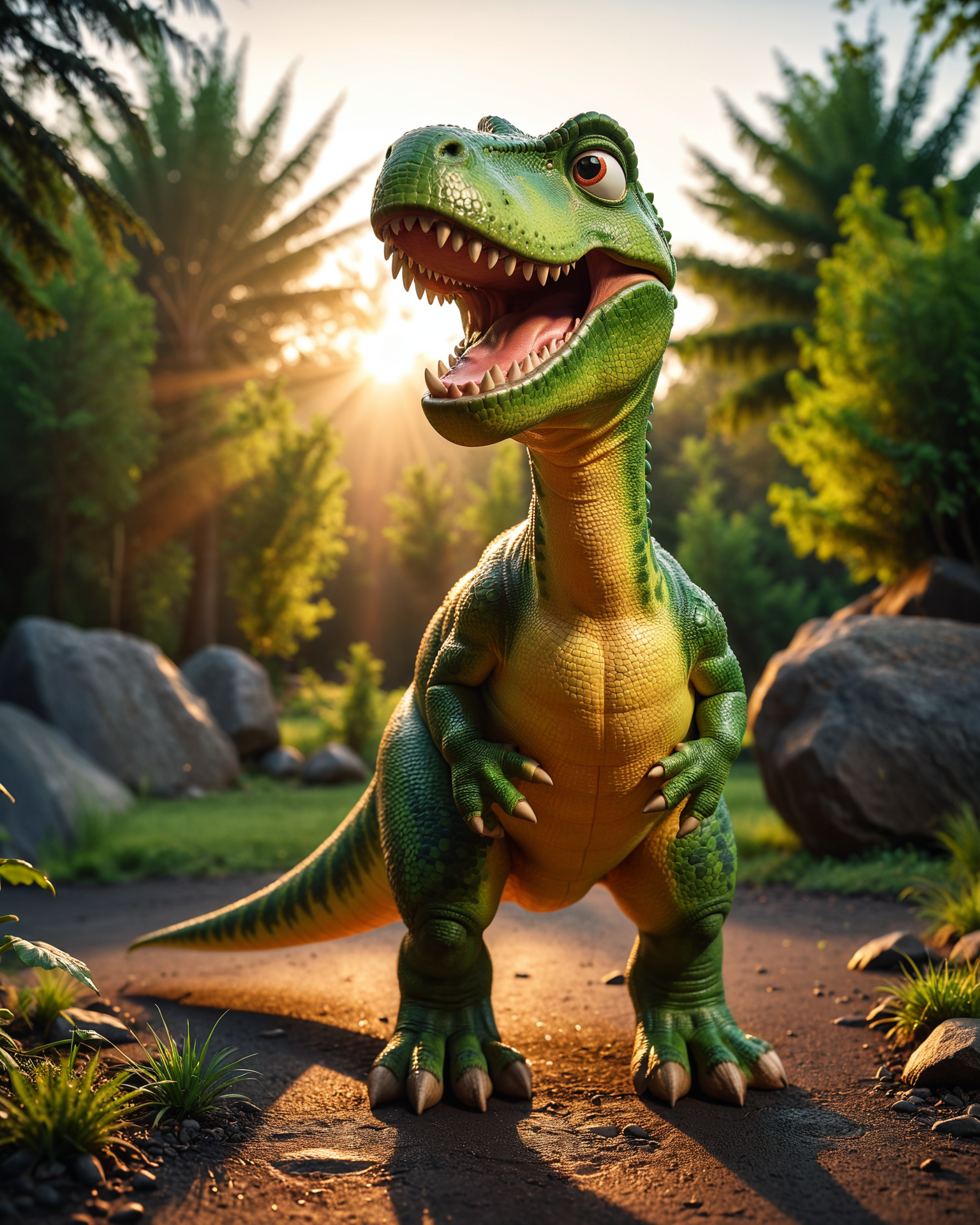 4K photograph, full body, Cinematic scene of Rex the toy tyrannosaurus from Toy Story, heroic, happy, smiling, green, epic, (cinematic:1.1), (cinematic color grading:1.2), detailed textures, fuji cinestill, sunset  <lora:Dystopia:0.3> <lora:add-detail-xl:1>, sunset, backlit, dark moody lighting, evening, light leaks, lens flare, HDR