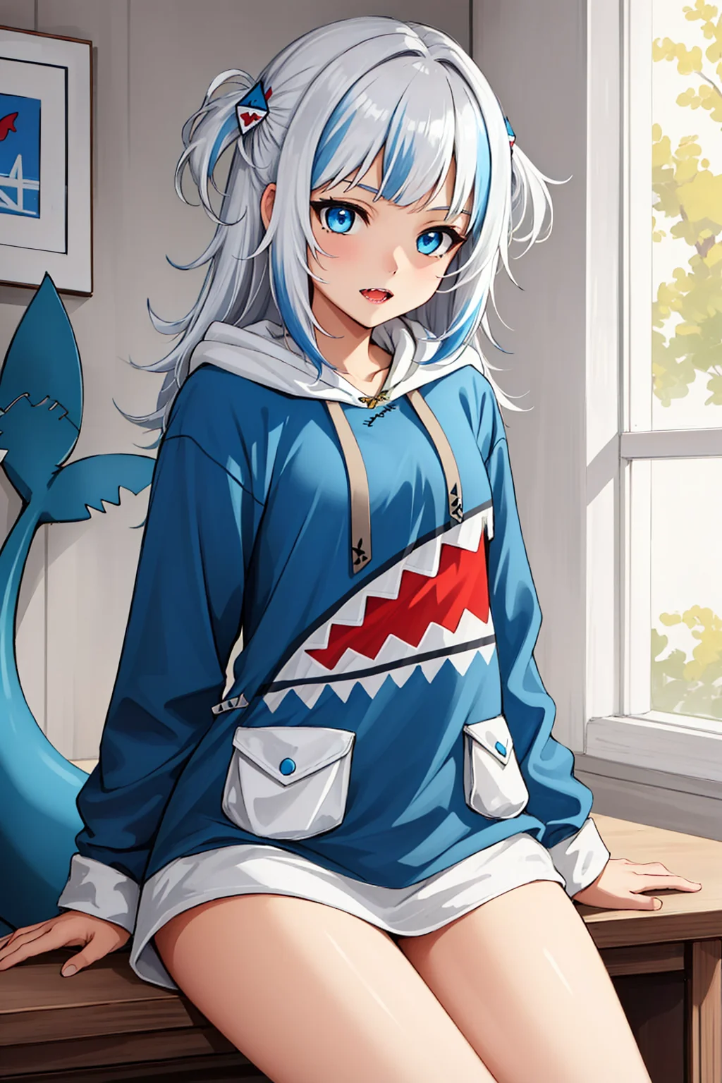 best quality, intricate details, 

1girl, white hair, blue eyes, sharp eyes,messy hair, blue highlights, sharp teeth, 

blue hoodie, shark teeth design, bare legs, hair ornament, gawr gura, shark girl, shark tail, shark print, blue hoodie, sharp teeth, animal hood, shark hair ornament, <lora:gawrGuraHololive_v2:0.8>