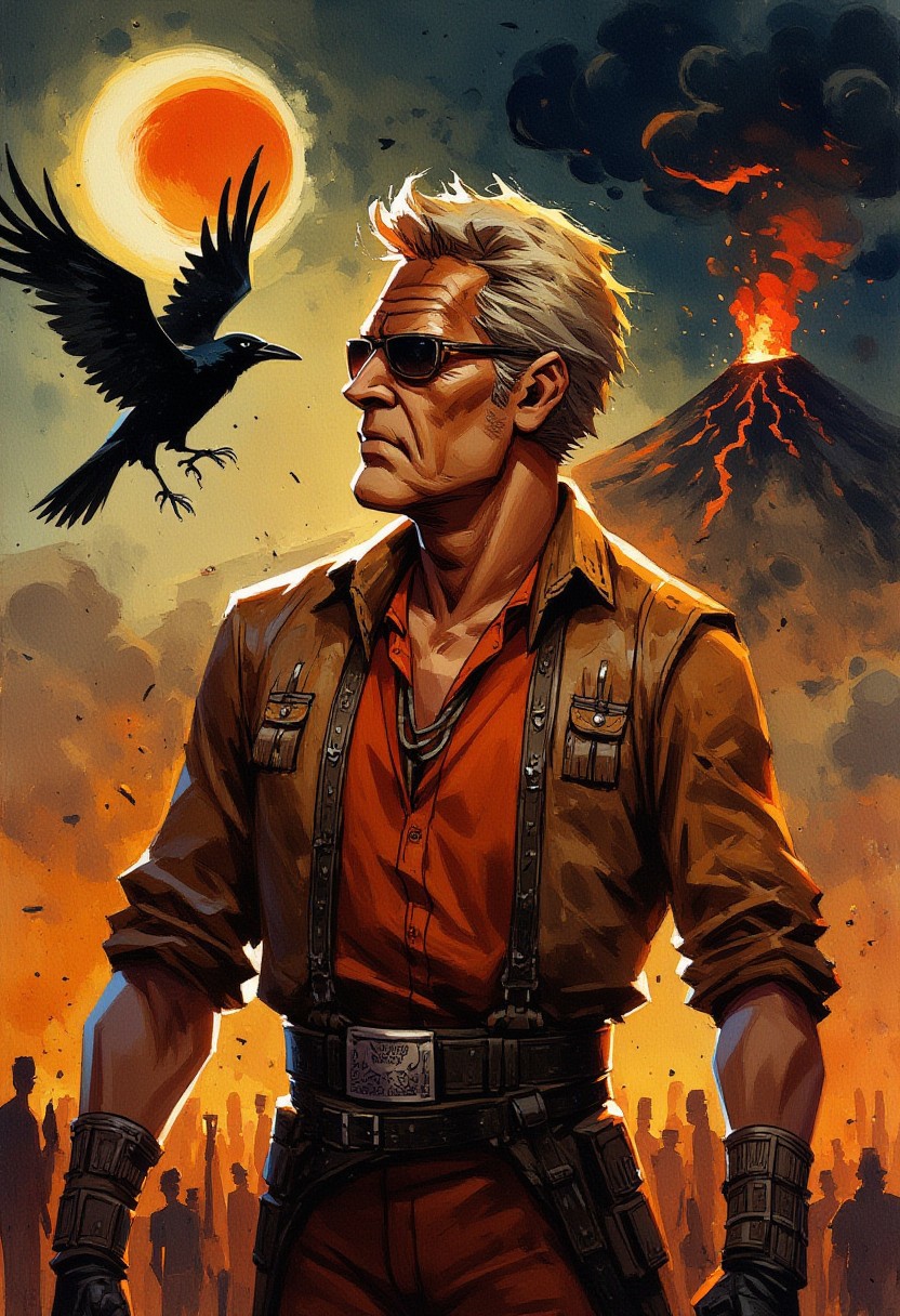 Mexican theme,  man look like Charles Bronson, dressed as a mexican cowboy with sun glasses and old face, he is looking at side seeing a moon and sun eclipse. Behind him You can see a raven flying freely and happy, You can SEE to a volcano erupting thunders and music waves in a electric
 atmosphere.
Text: "Rey trueno"