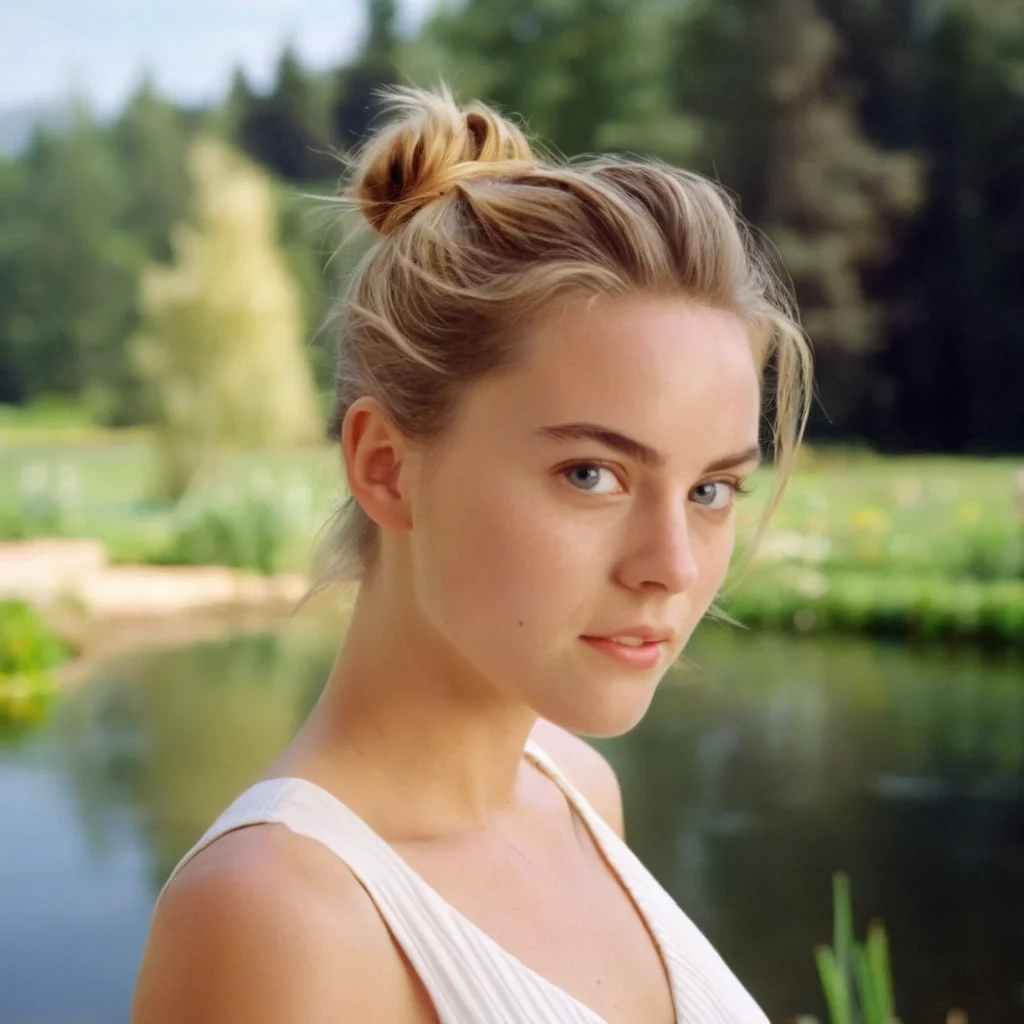 <lora:Film Stock Footage Style:1> "film grain:1.5" sharp detailed image of a
Cinematic Closeup of a young woman with a messy bun in a white dress staring at camera with blueeyes and perfect teeth and open mouth outdoors with blur garden lake in background Kodak Vision3 250D Film Stock Footage Style