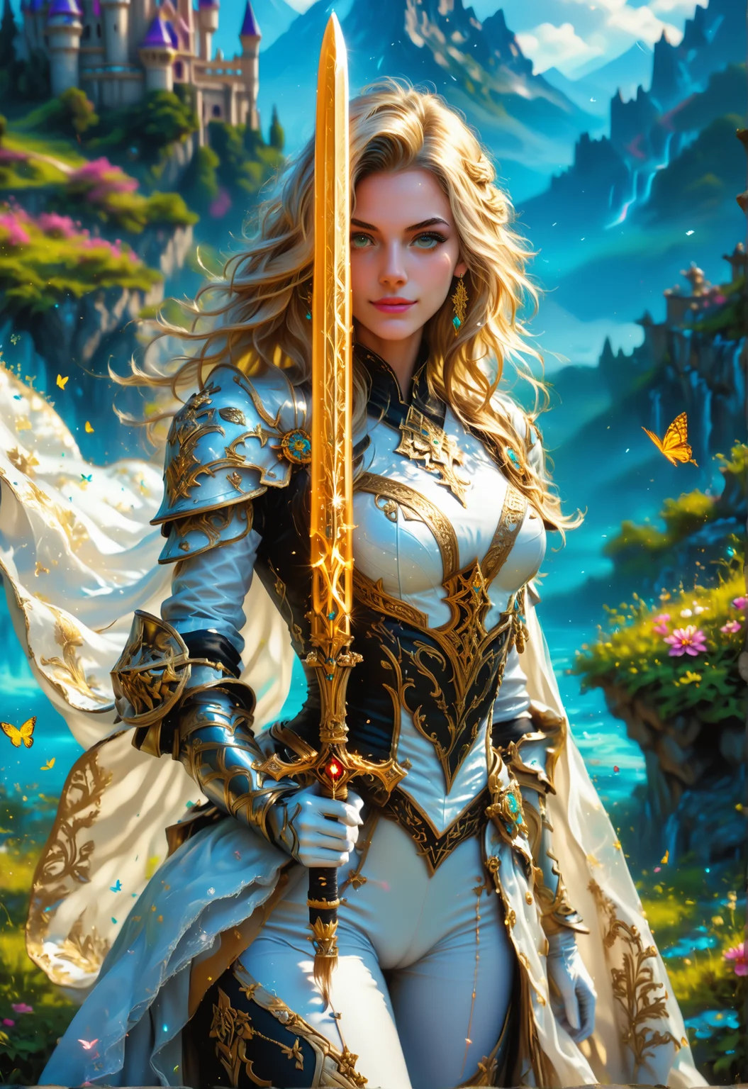 hkstyle, DreamArt, masterpiece, score_9, score_8_up, score_7_up, score_6_up, dreamlike, perfect quality, highest quality, 8k, hyperrealistic, highest details, hdr, ultrasharp, cinematic, vibrant colors, detailed hair, (stunning background:1.2), very aesthetic,(fantasy, 8k, 16k, perfect quality, highest quality, hyperrealism, magical, intricate details:1.2), highly detailed, high contrast, butterflies 1girl, tight clothes, (cameltoe:0.8), knight, paladin, (long legs, from castle on mountain:1.1), long pants, white pants, boots, gloves, white armor, confident, strong, heroic, 37 years old, long hair, white hair, beautiful, charismatic, friendly, outdoors, (curvy, strong, goddess, heroic:1.1), windy, impressive castle, rainbow, lush landscape, perfect face, smiling, looking at viewer, (holding golden sword:1.3)<lora:xl_more_art-full_v1.safetensors:0.4:0.4> <lora:SDXLFaeTastic2400.safetensors:0.4:0.4> <lora:Pony_DetailV2.0.safetensors:2.0:2.0> <lora:DreamArtPonyV1.0.safetensors:0.4:0.4> <lora:PonyFantasyKnightsV4.safetensors:0.5:0.5>